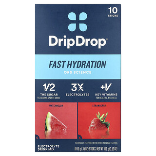 DripDrop, Mistura para Bebida com Eletrólitos, Melancia e Morango, 10 Unidades, 10 g (0,35 oz) Cada