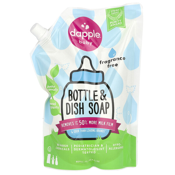 Dapple Baby Bottle & Dish Soap Refill, Fragrance Free, 33.8 fl oz (1 L)