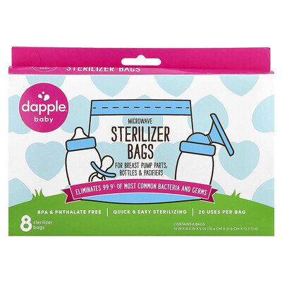 Product Image for Dapple Baby, Microwave Sterilizer Bags, For Breast Pump Parts, Bottles & Pacifiers, 8 Sterilizer Bags