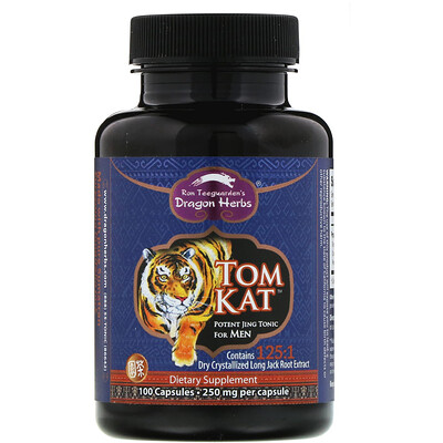 Dragon Herbs Tom Kat, мощный цзин-тоник для мужчин, 250 мг, 100 капсул