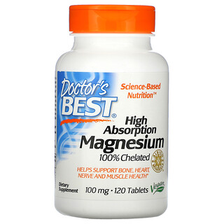 Doctor's Best, Magnesio de alta absorción, 100 % quelado con Albion Minerals, 100 mg, 120 comprimidos