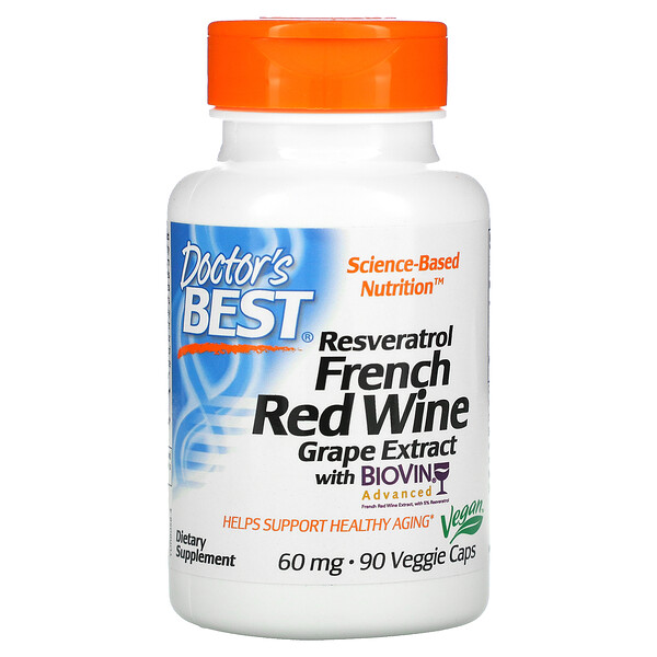 Doctor's Best‏, רזברטרול - תמצית ענבי יין אדום צרפתי, 60 מ"ג, 90 כמוסות צמחיות