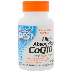 Doctor's Best, Ко-энзим High Absorption CoQ10 высокой абсорбции с биоперином, 200 мг, 60 вегетарианских капсул