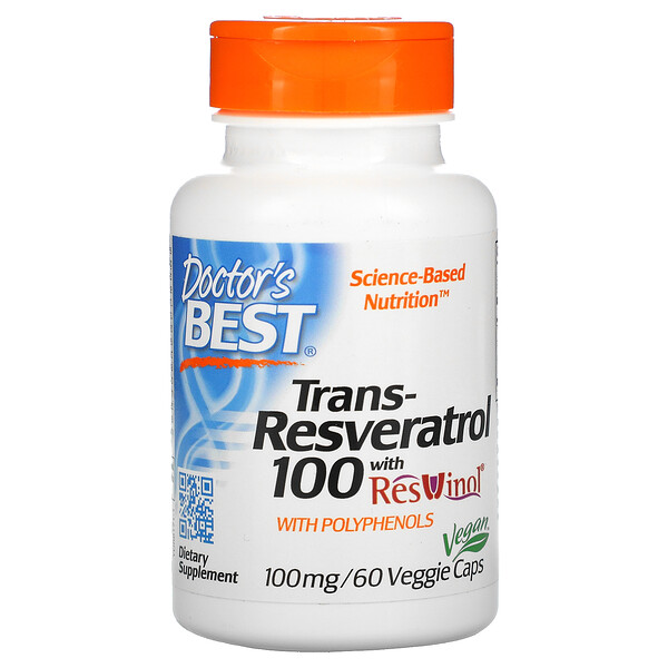 Doctor's Best‏, טרנס רזברטרול 100 עם רסווינול, 100 מ“ג, 60 כמוסות צמחיות