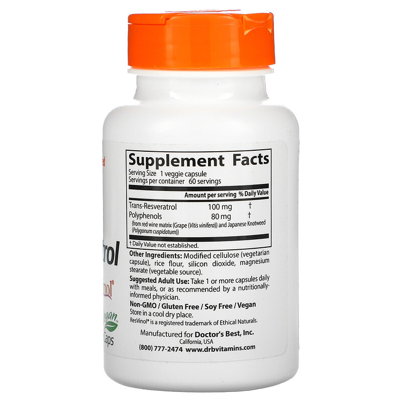 Doctor's Best, TransResveratrol 100 with ResVinol, 100 mg, 60 Veggie Caps