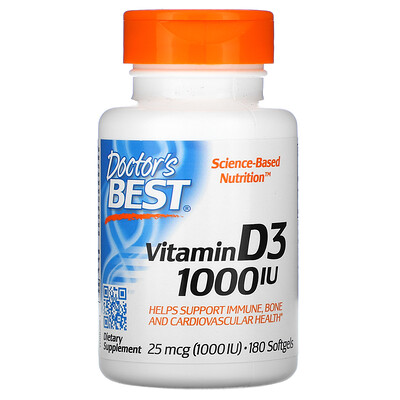 Doctor's Best Витамин D3, 25 мкг (1000 МЕ), 180 мягких желатиновых капсул