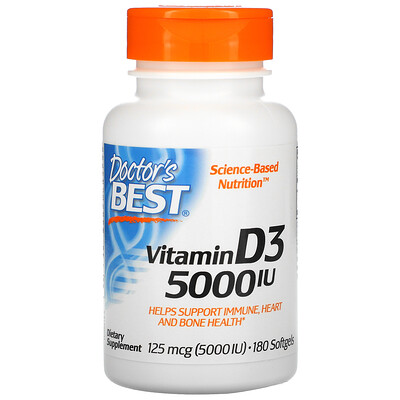 Doctor's Best витамин D3, 125 мкг (5 000 МЕ), 180 мягких капсул