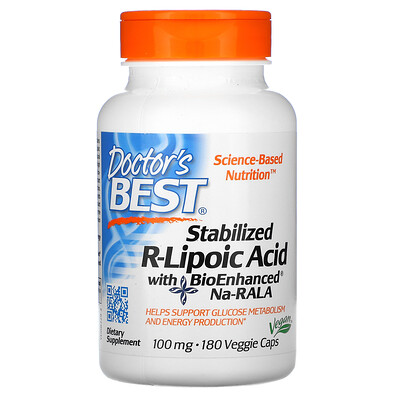Doctor's Best стабилизированная R-липоевая кислота с BioEnhanced Na-RALA 100 мг 180 вегетарианских капсул
