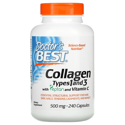 

Doctor's Best Collagen Types 1 and 3 with Peptan and Vitamin C, 500 mg, 240 Capsules