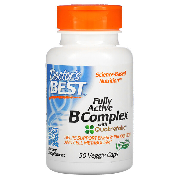 Doctor's Best, Fully Active B Complex with Quatrefolic, vollständig aktiver B-Komplex mit Quatrefolic, 30 vegetarische Kapseln