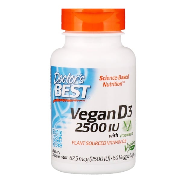 Doctor's Best, Веганский витамин D3 с Vitashine D3, 2500 МЕ, 60 вегетарианских капсул