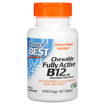 Doctor's Best активный витамин B12, со вкусом шоколада и мяты, 1000 мкг, 60 жевательных таблеток