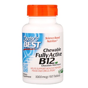 Doctor's Best, Полностью активный витамин B12 в жевательной форме, шоколад-мята, 1000 мкг, 60 таблеток
