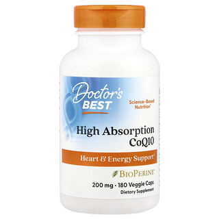 Doctor's Best, BioPerine（バイオペリン）入り高吸収コエンザイムQ10、200mg、ベジカプセル180粒
