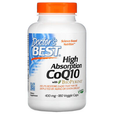 Doctor's Best Коэнзим Q10 с высокой степенью поглощения и биоперин, 400 мг, 180 растительных капсул