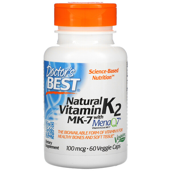 Doctor's Best‏, ויטמין K2 MK-7 טבעי עם MenaQ7, מכיל 100 מק"ג, 60 כמוסות צמחיות