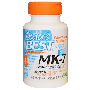 Doctor's Best, MK-7 с натуральным витамином К2 MenaQ7, 100 мкг, 60 овощных капсул 