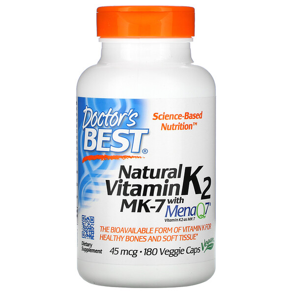 Doctor's Best‏, ויטמין K2 MK-7 טבעי עם MenaQ7, מכיל 45 מק"ג, 180 כמוסות צמחיות