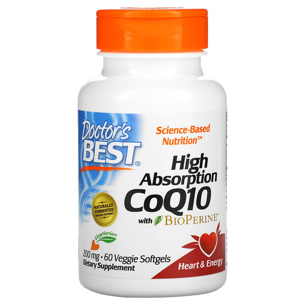 Doctor's Best, коэнзим Q10 с высокой степенью всасывания, с BioPerine, 200 мг, 60 вегетарианских мягких таблеток