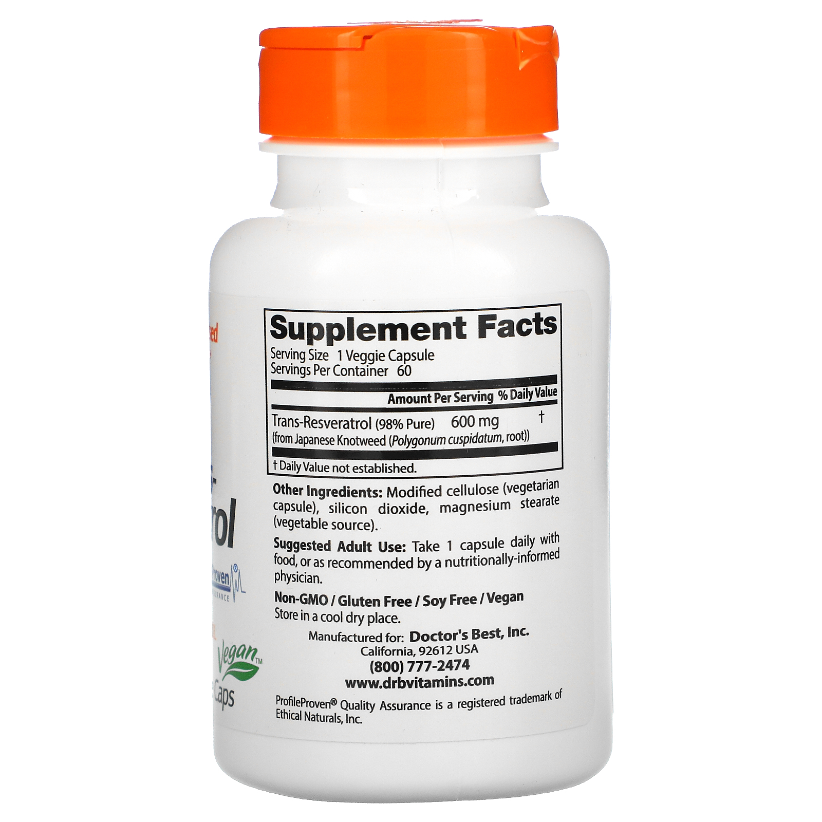 Doctor's Best, High Potency TransResveratrol, 600 mg, 60 Veggie Caps