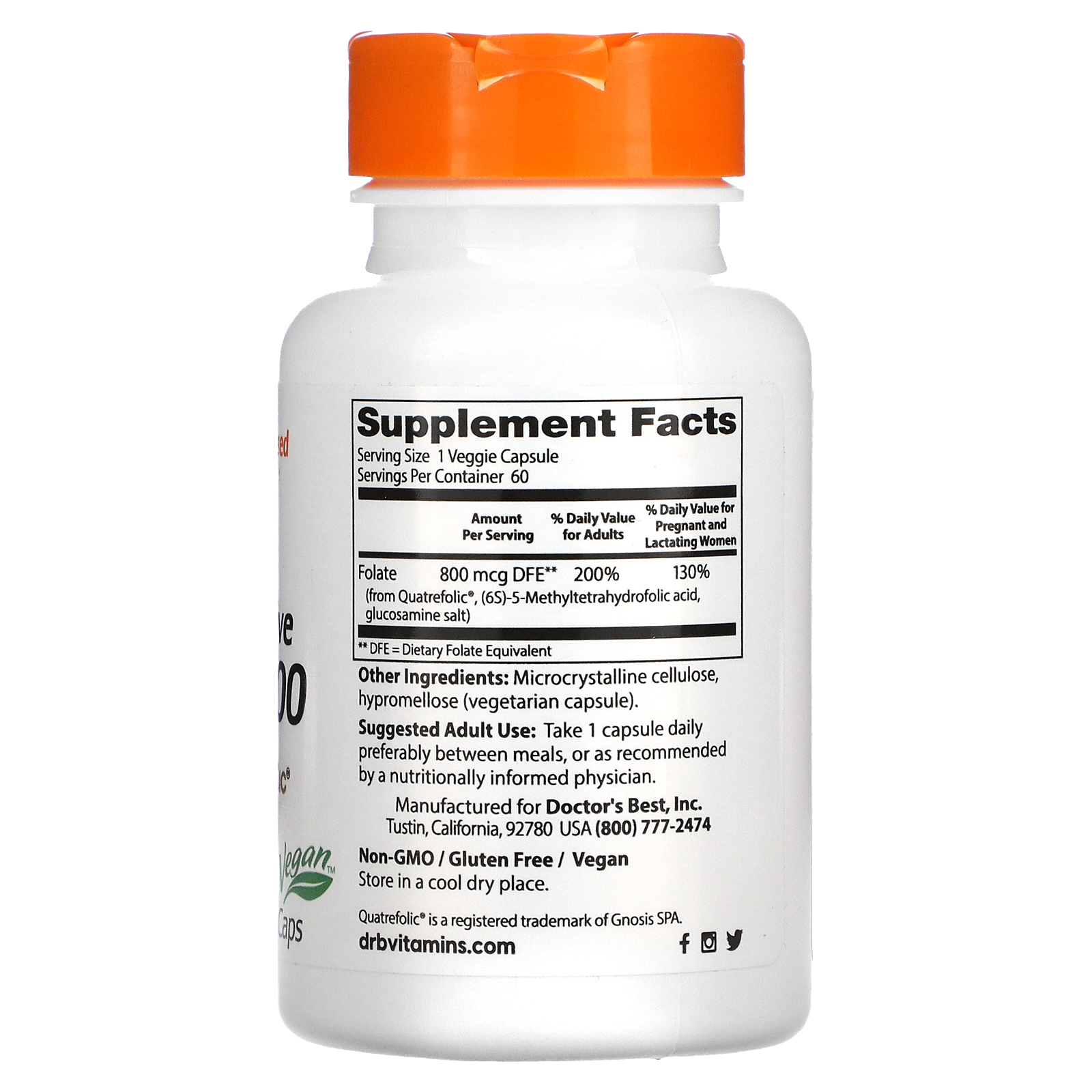 Doctor's Best, Fully Active Folate 800 With Quatrefolic, 800 Mcg, 60 ...