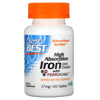 Doctor's Best, Fer à haute absorption avec Ferrochel, 27 mg, 120 comprimés