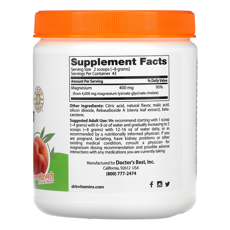 Doctor's Best, High Absorption Magnesium Powder, Sweet Peach, 12.3 Oz ...