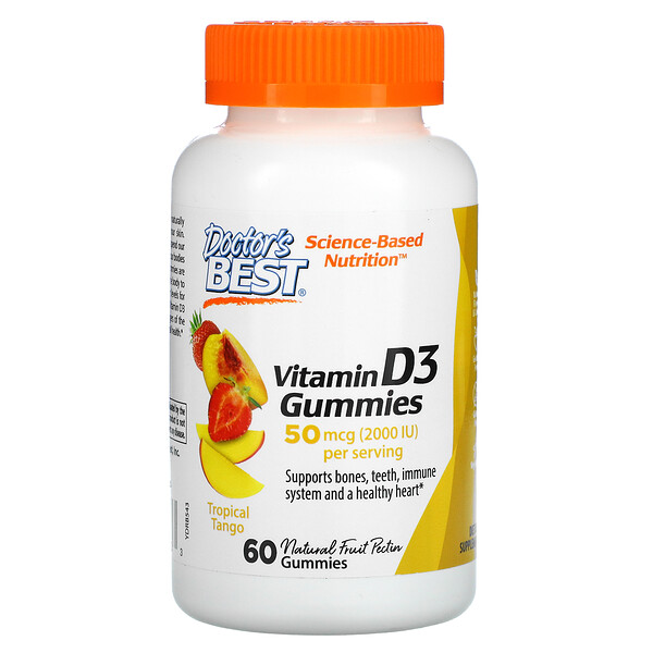 жевательные таблетки с витамином D3, со вкусом тропических фруктов, 50 мкг (2000 МЕ), 60 жевательный таблеток
