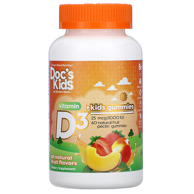 Doctor's Best Doc's Kids, Vitamin D3 Gummies, All Natural Fruit Flavors, 25 mcg (1,000 IU), 60 Natural Fruit Pectin Gummies