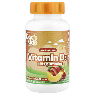 Doctor's Best, Doc's Kids, Vitamin D3 Kids Gummies, All Natural Fruit , 25 mcg (1,000 IU), 60 Natural Fruit Pectin Gummies