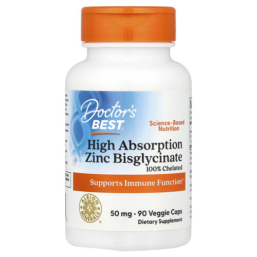 Doctor's Best、高吸収亜鉛ビスグリシネート、50mg、ベジカプセル90粒