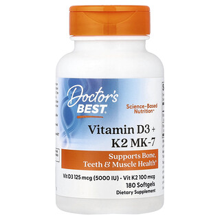 Doctor's Best, Vitamines D3 + K2 MK-7, 180 capsules à enveloppe molle