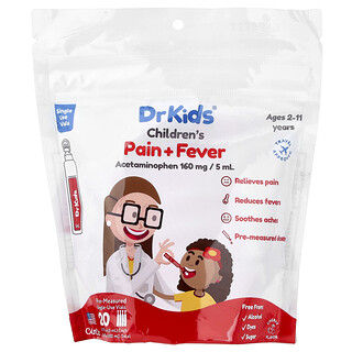 DrKids, 어린이용 통증 + 발열, 만 2~11세, 체리, 사전 측정된 일회용 바이알 20개, 각 5ml(0.17fl oz)