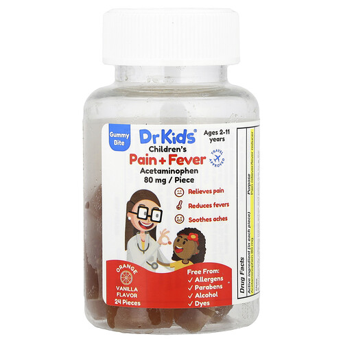 DrKids, Children's Pain + Fever Gummy Bite, Ages 2-11 Years, Orange Vanilla, 24 Gummies