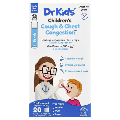 DrKids, Suplemento para la tos y la congestión en el pecho para niños, De 4 años en adelante, Bayas mixtas, 20 ampollas de un solo uso, 5 ml (0,17 oz. líq.) cada una
