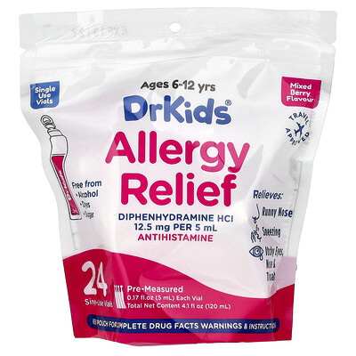 DrKids, Alivio de la alergia, De 6 a 12 años, Bayas mixtas, 24 ampollas de un solo uso, 5 ml (0,17 oz. líq.) cada una