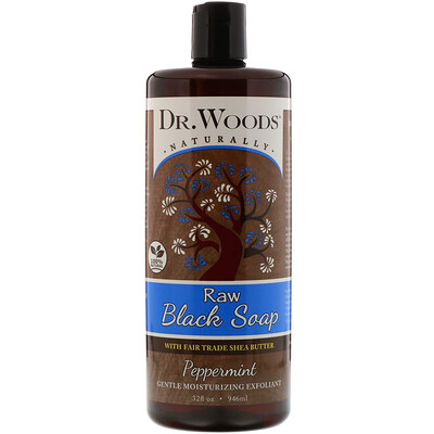 Dr. Woods Необработанное черное мыло, с маслом ши, изготовленным на принципах справедливой торговли, Перечная мята, 32 ж. унц.(946 мл)