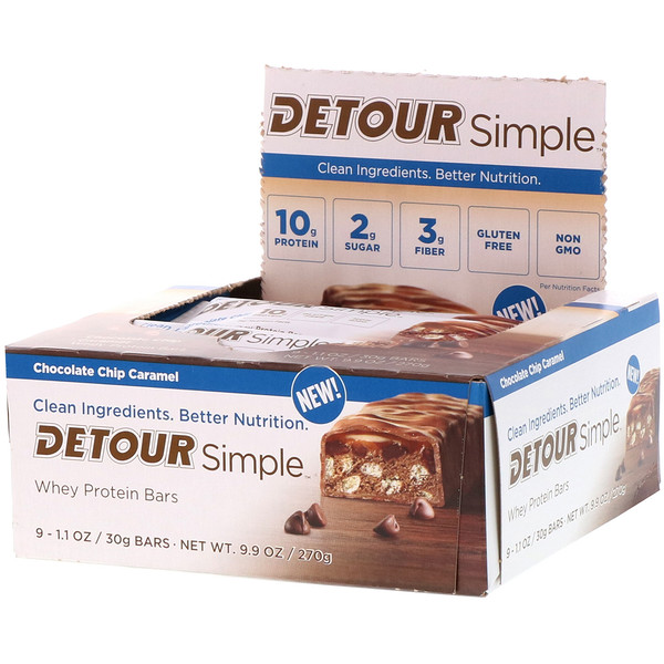 Detour, Simple, Whey Protein Bars, Chocolate Chip Caramel, 9 Bars, 1.1