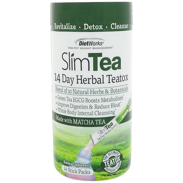 DietWorks‏, Slim Tea, 14 Day Herbal Teatox, Matcha Tea, Raspberry Flavor, 14 Stick Packs