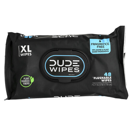 Dude Products, Flushable Wipes, XL, Fragrance Free, 48 Wipes