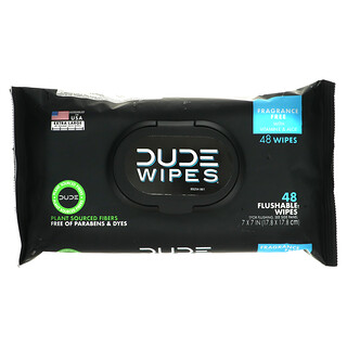 Dude Products, Flushable Wipes, Fragrance Free, 48 Wipes