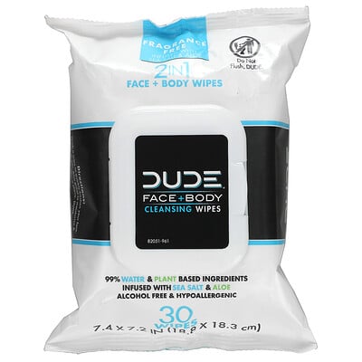 Dude Products Очищающие салфетки для лица и тела, без отдушек, 30 салфеток
