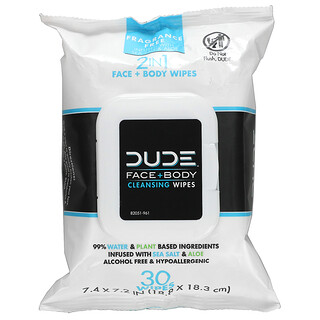 Dude Products, Face + Body Cleansing Wipes, Fragrance Free, 30 Wipes