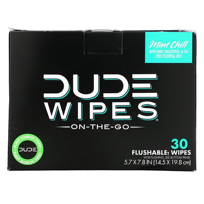 Dude Products Wipes, On The-Go, смываемые салфетки, с мятой, 30 салфеток в индивидуальной упаковке (5,7 x 7,8 дюйма) каждая