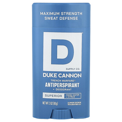 Duke Cannon Supply Co., Trench Warfare® Antitranspirante y desodorante, Superior, Agua fresca y cítricos, 85 g (3 oz)