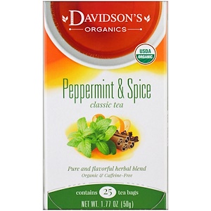 Отзывы о Дэвидсонс Ти, Organic, Peppermint & Spice, Classic Tea, Caffeine-Free , 25 Tea Bags, 1.77 oz (50 g)