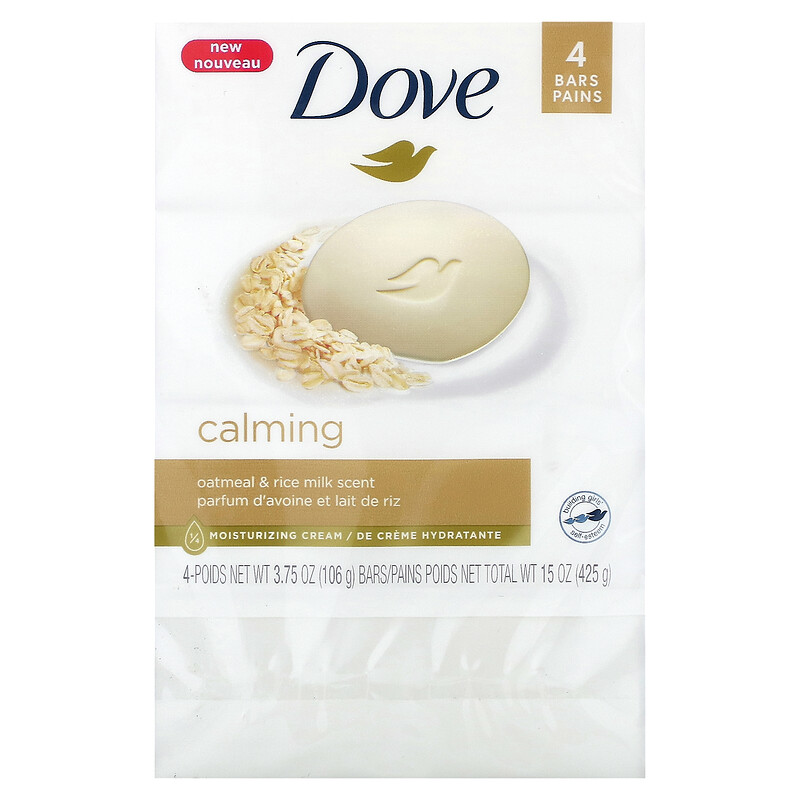 Dove, Calming, Soap Bar, Oatmeal & Rice Milk Scent, 4 Bars, 3.75 oz (106 g) Each