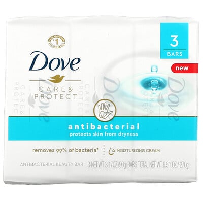 Dove Care & Protect, Antibacterial Beauty Bar, 3 Bars, 3.17 oz (90 g) Each