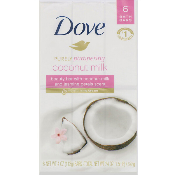 Dove, ピュアリーパンパリングビューティーバー、ココナッツミルク＆ジャスミンペタル、6本入り、各113 g