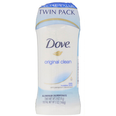 Dove Твердый дезодорант, не оставляющий следов, «Оригинальная чистота», 2 шт. по 74 г